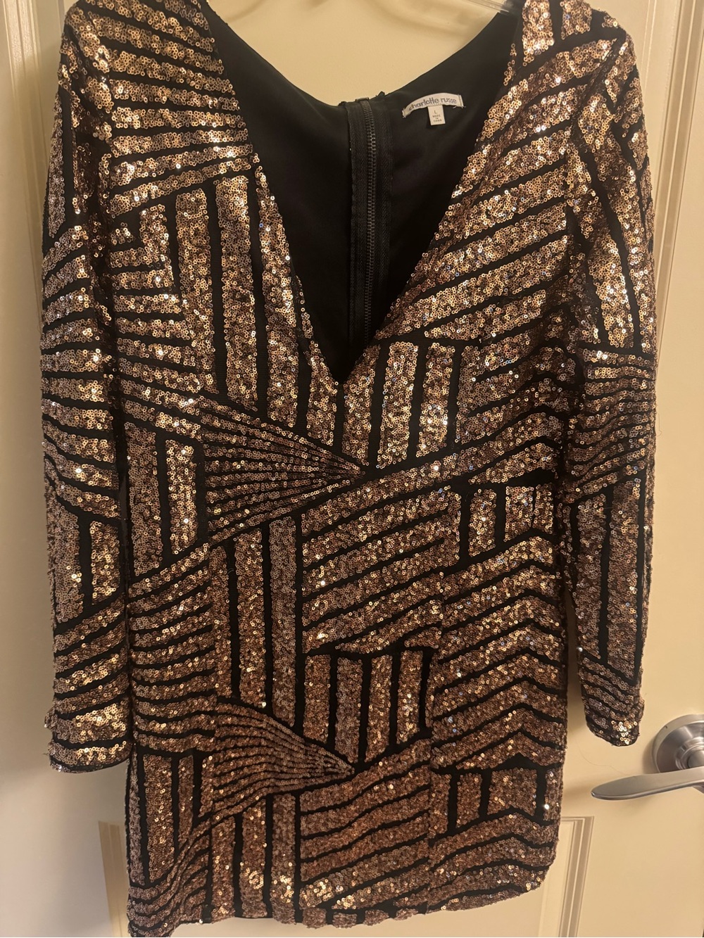 Charlotte Russe Rose Gold and Black Sequin Long Sleeve Mini Dress